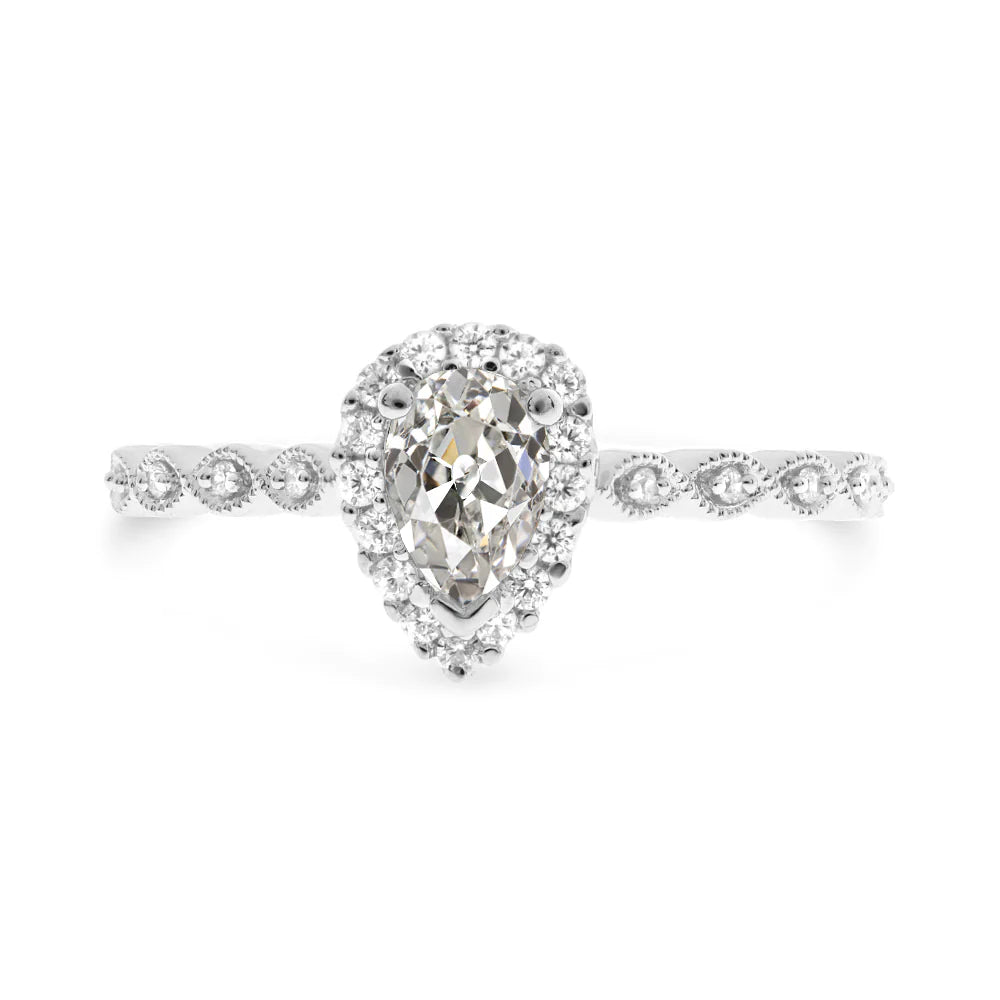 Real Diamond Round & Pear Old Mine Cut Halo Ring Milgrain 3 Carats