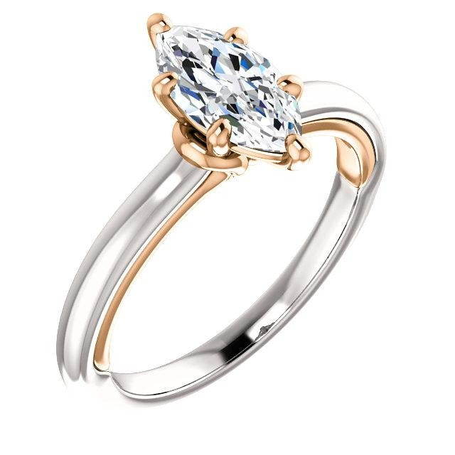 Real Diamond Solitaire Ring Marquise Cut 1 Carat Two Tone Ladies Jewelry