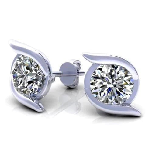 Real Diamond Stud Earrings 1.90 Carats White Gold Jewelry