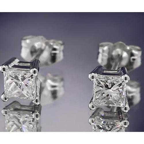 Real Diamond Studs Earring 1.50 Carats Princess Cut White Gold 14K 