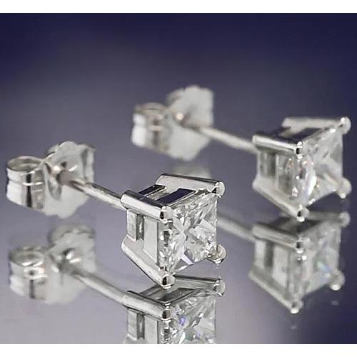 Real Diamond Studs Earring 1.50 Carats Princess Cut White Gold F Vs1