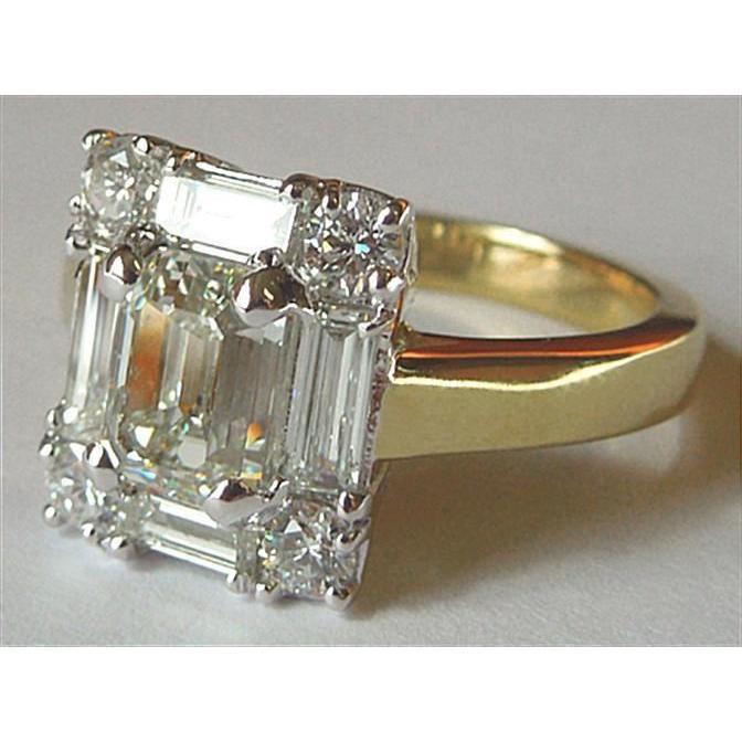 Real Diamond Women Engagement Ring Emerald Cut 3.11 Carat Two Tone