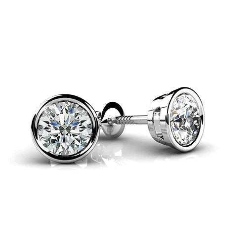 Real Diamond Women Stud Earrings 1.20 Ct White Gold Bezel Set Round Cut