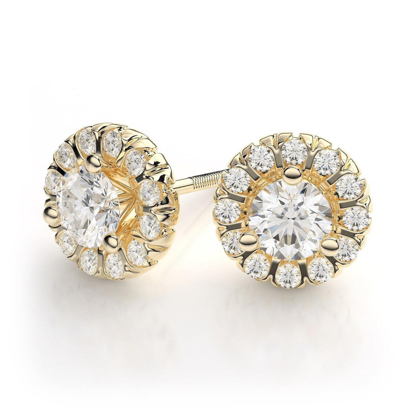 Real Diamonds Women Studs Halo Earrings 2.60 Carats Yellow Gold 14K