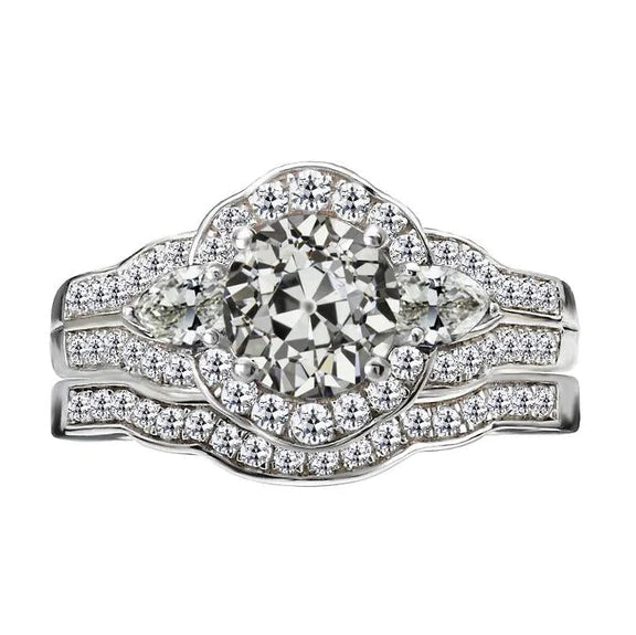 Real Gold Engagement Ring Set Pear & Round Old Mine Cut Diamond 8.50 C ...