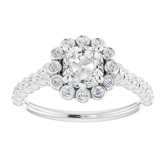 Real Halo Cushion Old Cut Diamond Ring With Accents Bezel Set 6.50 Carats