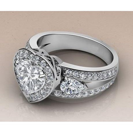 Real Halo Diamond Three Stone Style Wedding Ring Gold 14K