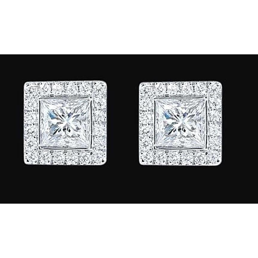 Real Halo Princess Diamond Stud Earring 2.4 Carat Jewelry New - Halo Stud Earrings-harrychadent.ca