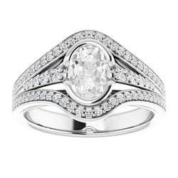 Real Oval Old Cut Natural Earth Mined Diamond Ring Half Bezel Set Triple Split Shank 5 Carats
