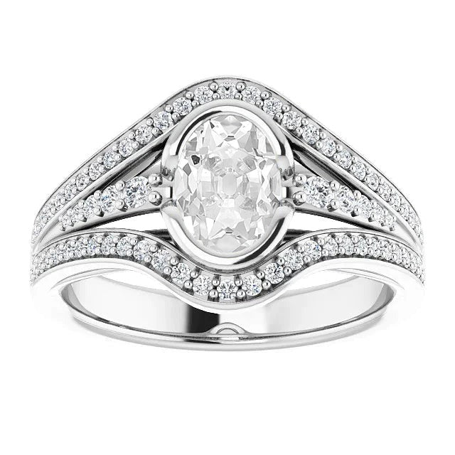 Real Oval Old Cut Diamond Ring Half Bezel Set Triple Split Shank 5 Carats