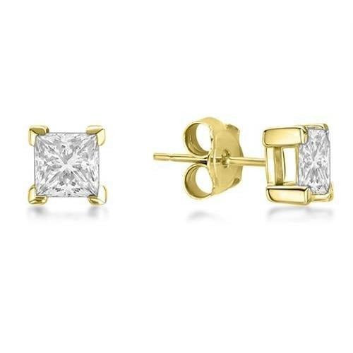 Real Princess Cut Sparkling 3 Ct. Diamonds Studs Earrings Yellow Gold