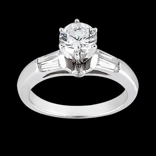 Real Round And Baguette Diamonds 1.25 Carat Three Stone Ring White Gold New