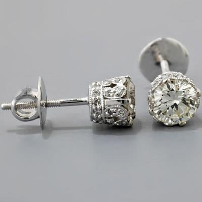 Real Round Cut 3.70 Carats Diamonds Women Studs Earrings Gold White 14K