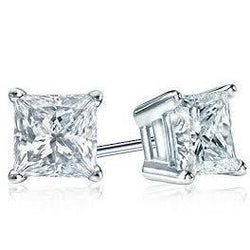 Real Solitaire Princess Cut Natural Earth Mined Diamond Stud Earring 3 Carats White Gold 14K