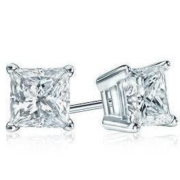 Real Solitaire Princess Cut Diamond Stud Earring 3 Carats White Gold 14K