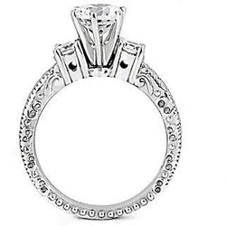 Real Three Stone Engagement Ring 2 Ct. Antique Style White Gold 14K