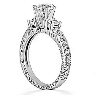 Real Three Stone Engagement Ring 2 Ct. Antique Style White Gold 14K