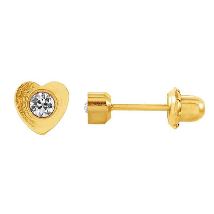 Real Yellow Gold Stud Earrings Old European 1 Carat Heart Style Screw Backs