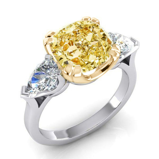 Real Cushion Yellow Canary Ring Natural Earth Mined Pear Diamonds Gold 14K
