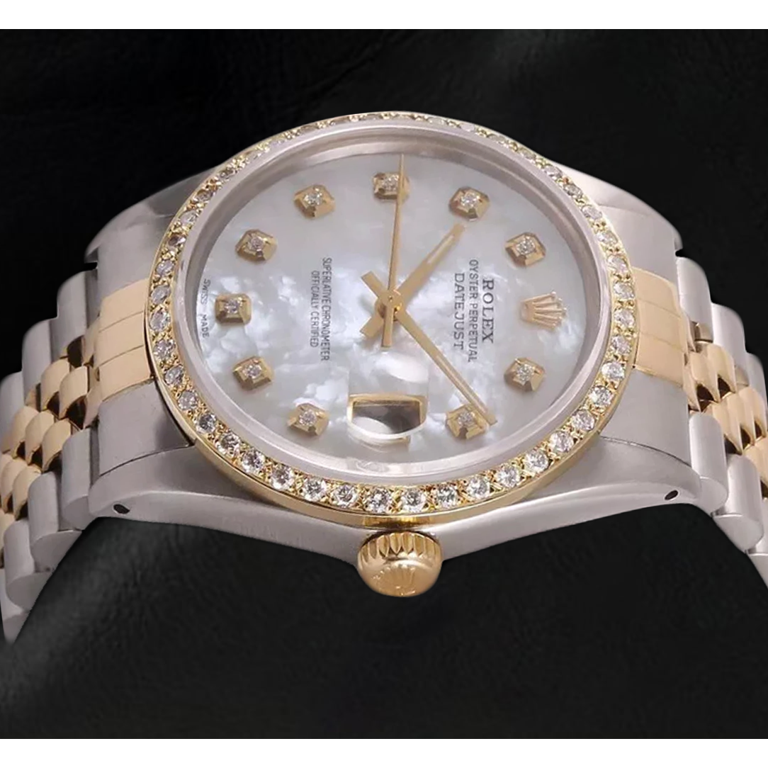 Rolex Datejust Men Watch Mother Of Pearl Diamond Dial Two Tone QUICK SET
