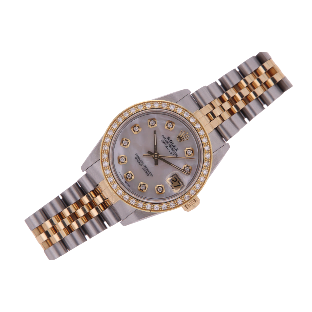 Rolex Datejust Midsize 31 Mm White Mother of Pearl Diamond Dial Diamond Bezel Jubilee Bracelet Watch Ss & Gold