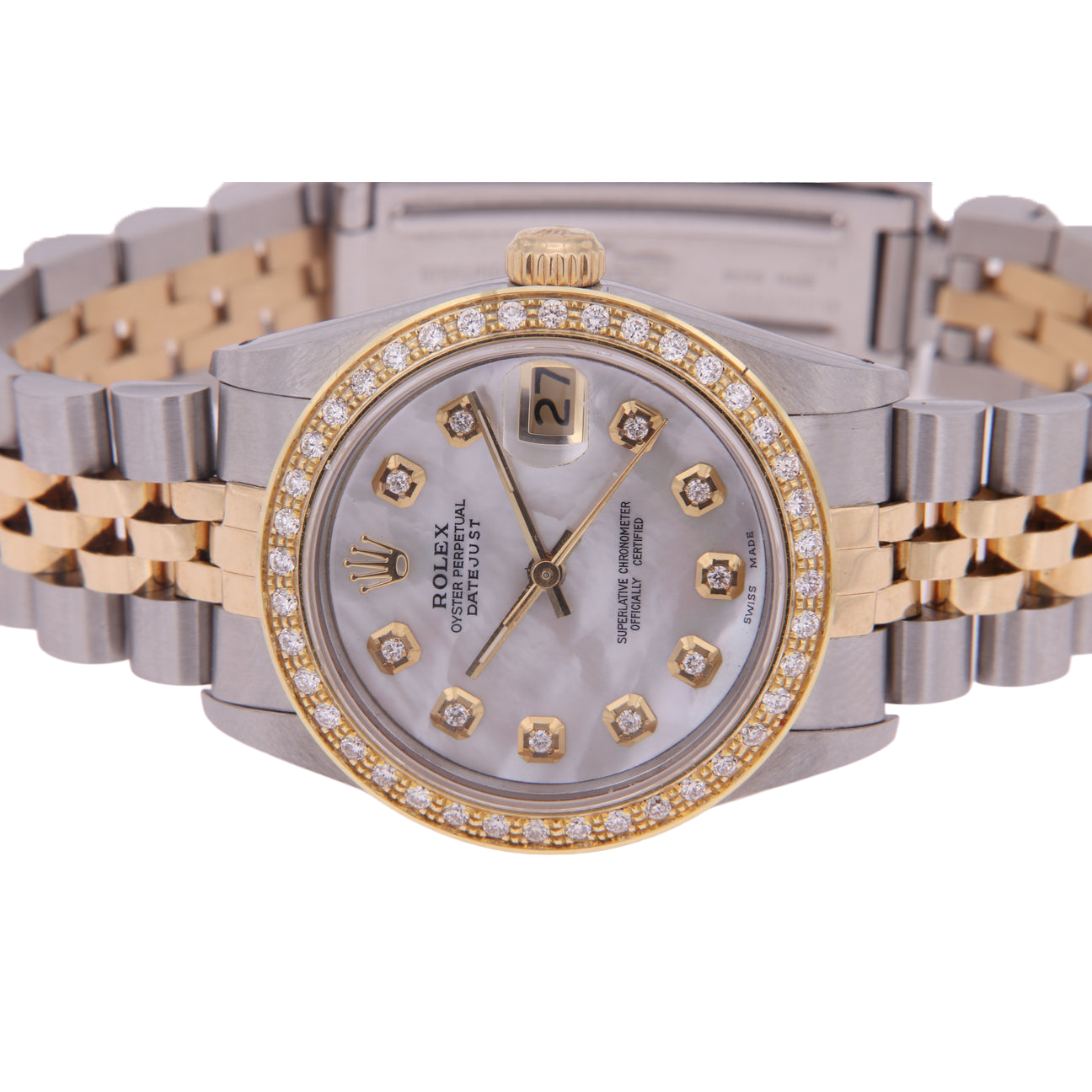 Rolex Datejust Midsize 31 Mm White Mother of Pearl Diamond Dial Diamond Bezel Jubilee Bracelet Watch Ss & Gold