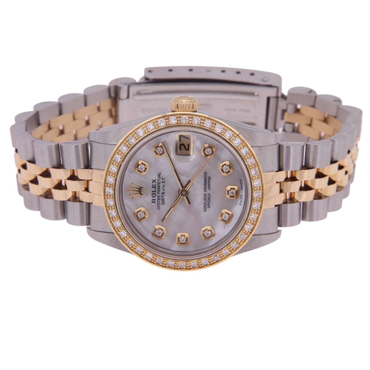 Rolex Datejust Midsize 31 Mm White Mother of Pearl Diamond Dial Diamond Bezel Jubilee Bracelet Watch Ss & Gold