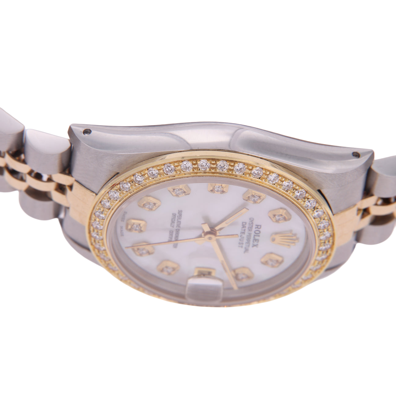Rolex Datejust Midsize 31 Mm White Mother of Pearl Diamond Dial Diamond Bezel Jubilee Bracelet Watch Ss & Gold
