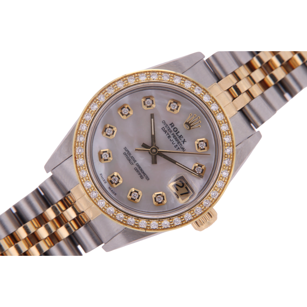 Rolex Datejust Midsize 31 Mm White Mother of Pearl Diamond Dial Diamond Bezel Jubilee Bracelet Watch Ss & Gold