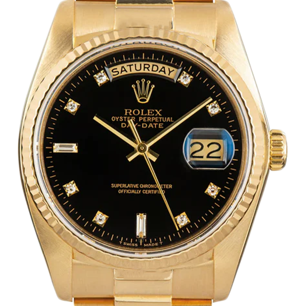 Rolex Day Date 36 Mm Men Watch Bark Finish Yellow Gold 18K Black