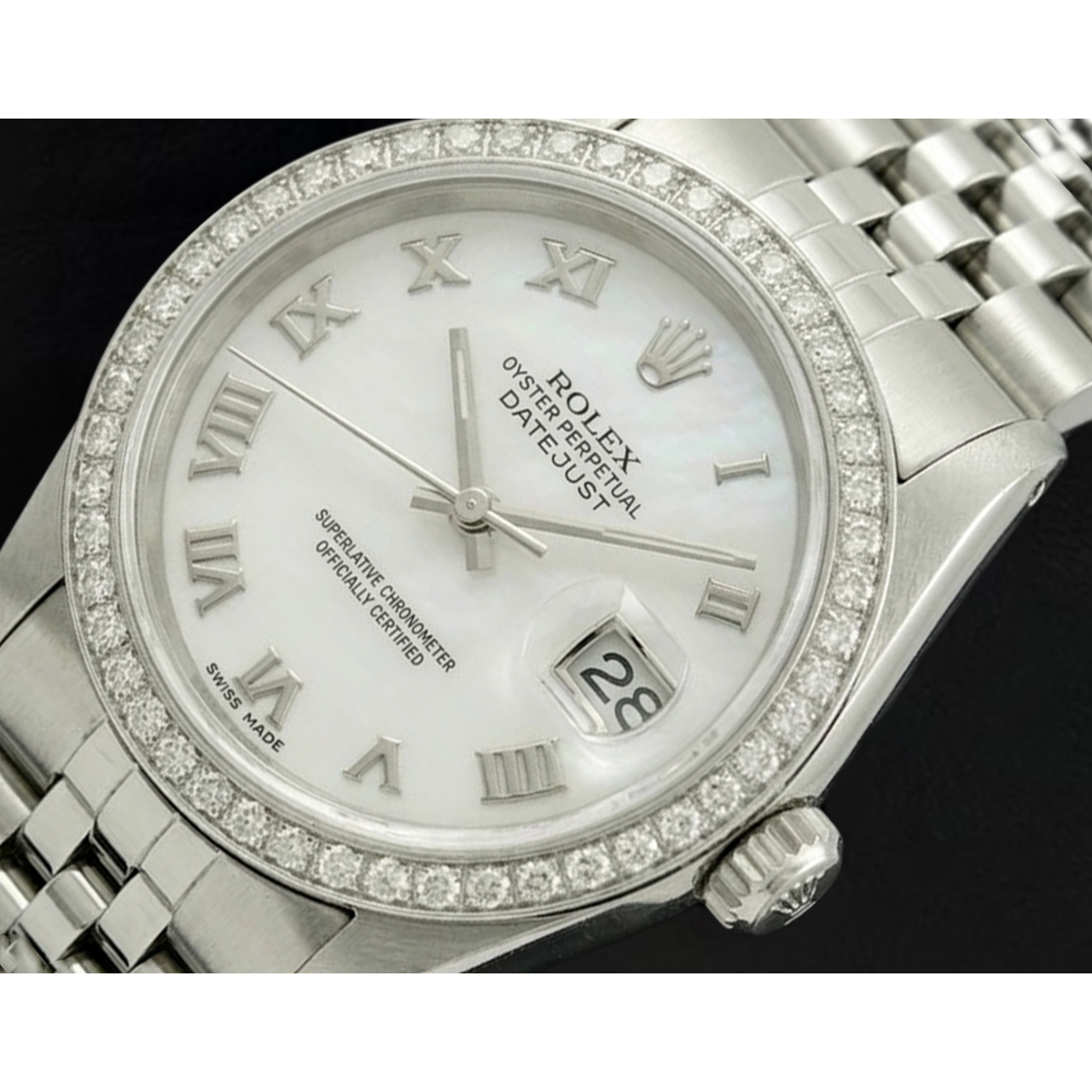 Rolex Dj White Mop Roman Dial Diamond Bezel Ss Jubilee Bracelet QUICK SET