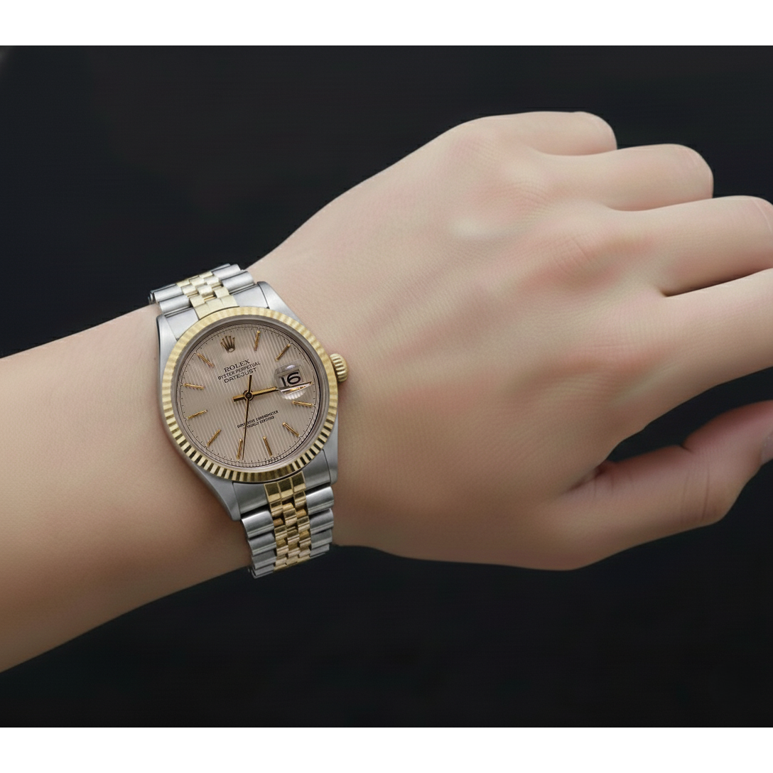 Rolex Men's Watch Ivory Stick Dial Datejust Two Tone Gold And Ss QUICK SET