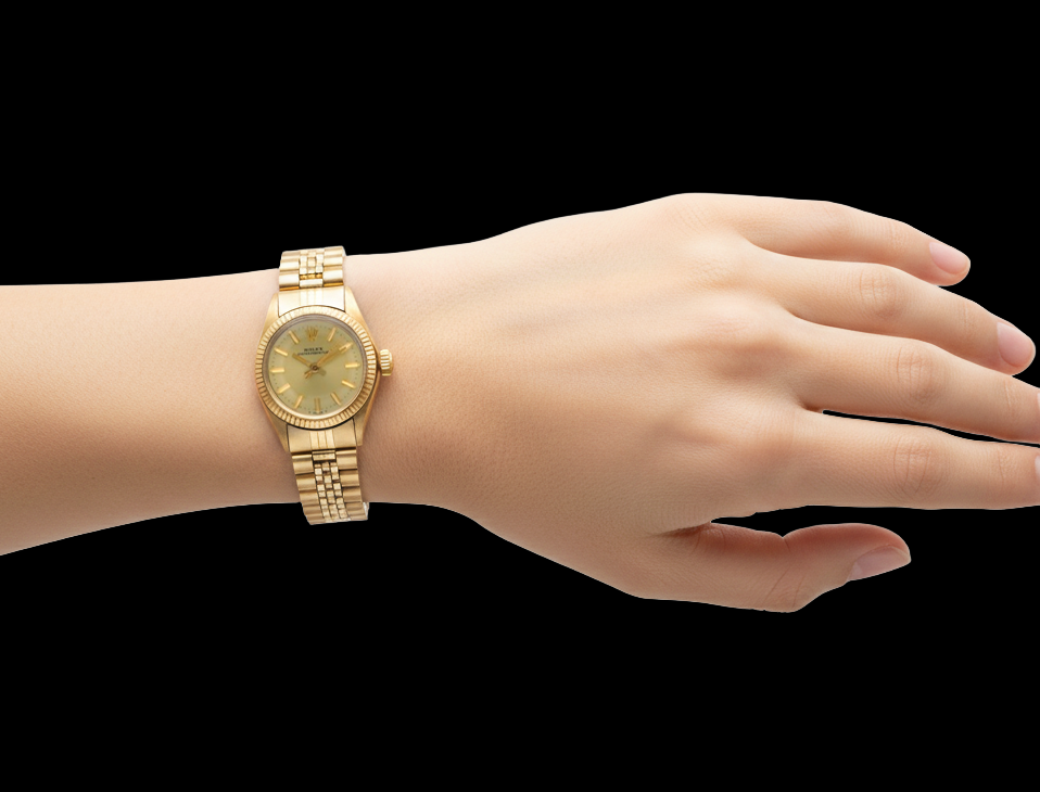 Rolex Oyster Perpetual 24 mm Champagne Stick Dial Yellow Gold Watch