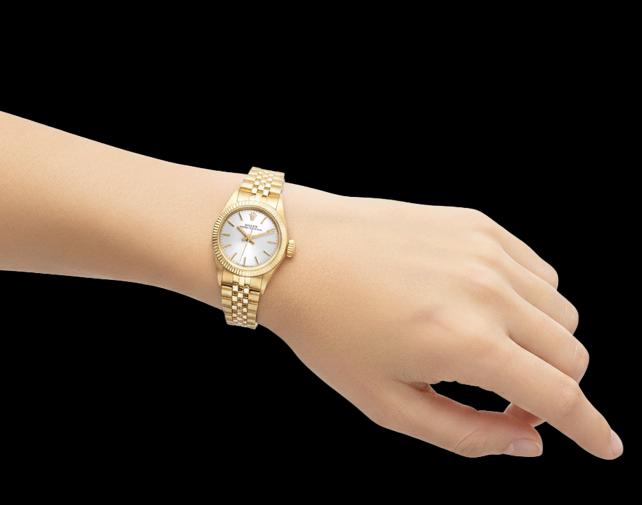 Rolex Oyster Prepetual Silver Stick Dial 24 mm Yellow Gold Ladies Watch