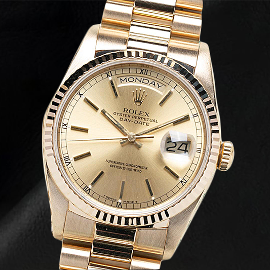 Natural Rolex Day-Date 36mm Champagne Stick Dial Yellow Gold Watch