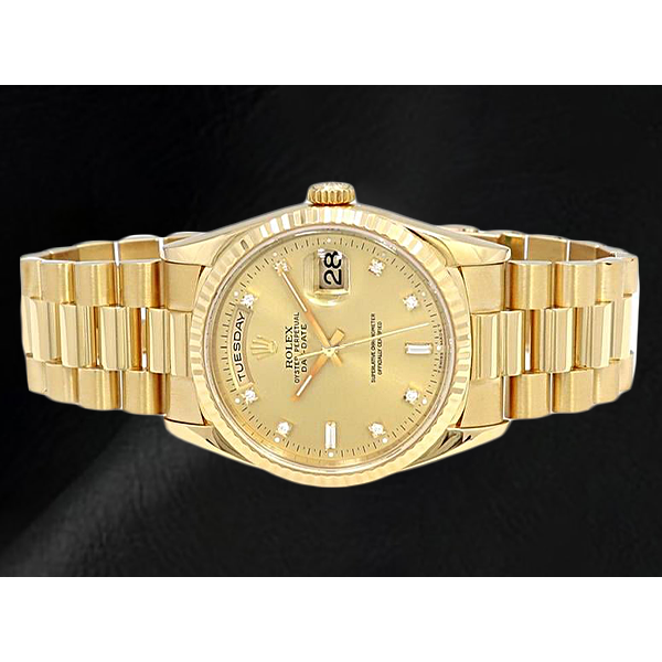 Natural Rolex 18238 Day-Date 36mm Yellow Gold Champagne Diamond Dial Watch