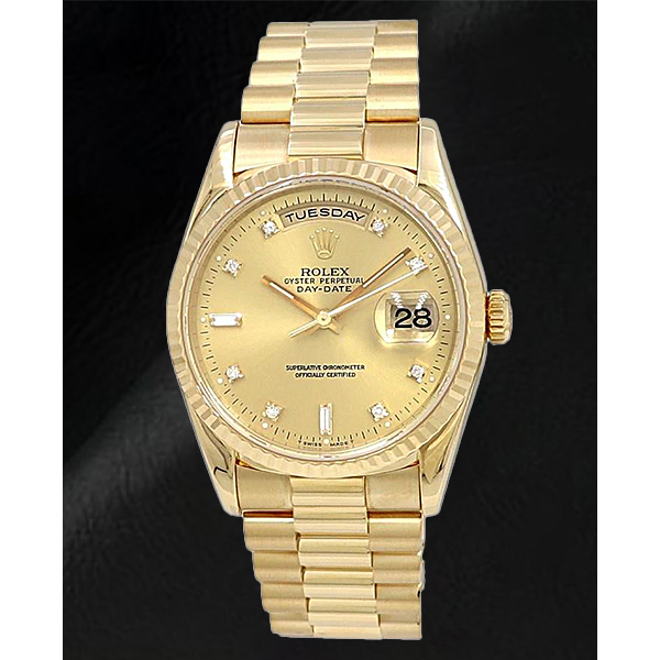 Natural Rolex 18238 Day-Date 36mm Yellow Gold Champagne Diamond Dial Watch