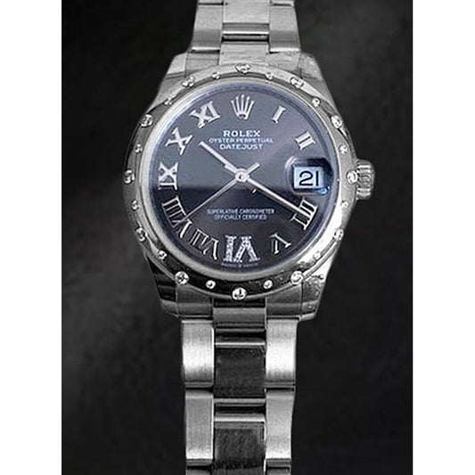 Rolex Date-just 31mm Grey Roman Oyster Diamond Steel Ladies Watch