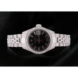 Rolex Date Black Stick Dial Diamond Bezel Women Watch Ss Jubilee