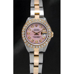 Rolex Datejust 26 mm Pink Mother Of Pearl Diamond Dial Two Tone Oyster Bracelet Watch