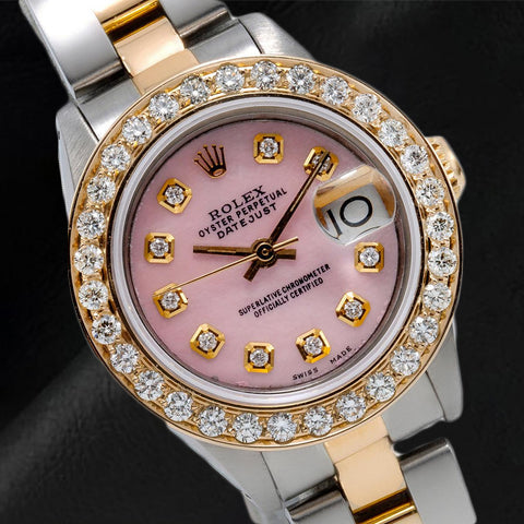 Rolex Datejust 26 mm Pink Mother Of Pearl Diamond Dial Two Tone Oyster Bracelet Watch