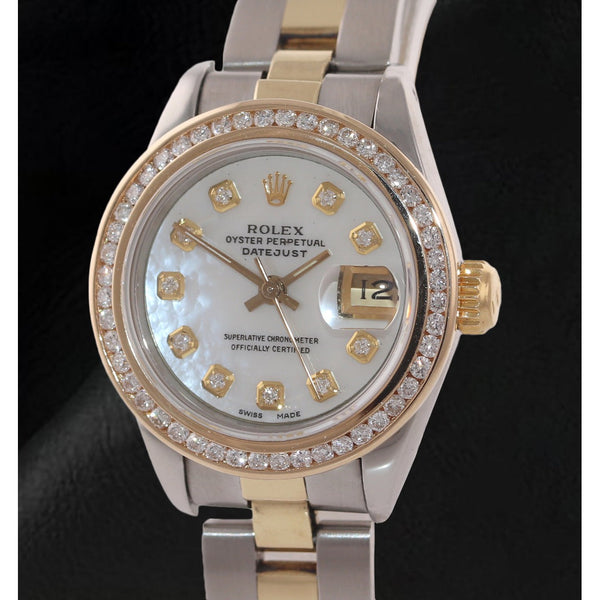 Rolex Datejust 26 mm White Mother Of Pearl Diamond Dial Two Tone Oyster Bracelet Watch