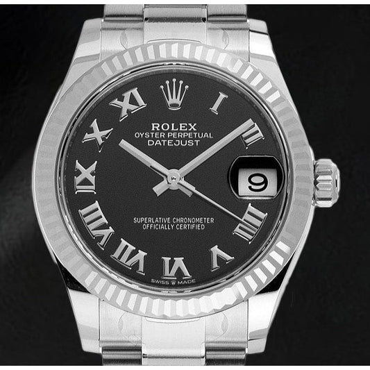 Rolex Datejust 31 Black Roman Oyster Steel White Gold Ladies Watch
