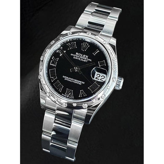 Rolex Datejust 31mm Black Roman Diamond Stainless Steel Women's Watch