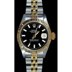 Rolex Datejust Ladies Watch Black Stick Dial Ss & Gold Jubilee