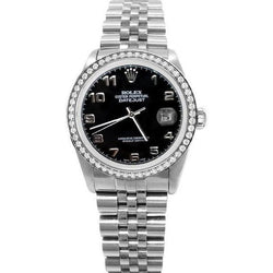 Rolex Datejust Men Watch Ss Jubile Black Arabic Dial Diamond Bezel QUICK SET