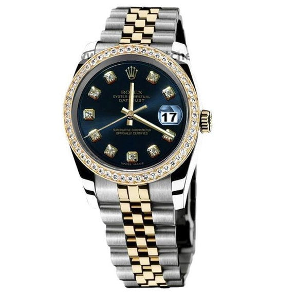 Men Watch Two Tone Diamond Bezel Blue Diamond Dial