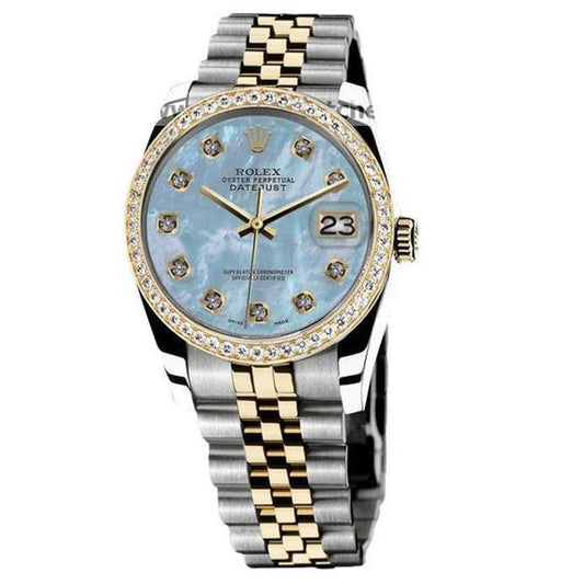 Men Watch Two Tone Diamond Bezel Blue Mop