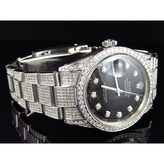 Rolex Datejust Mens Watch Black Diamond Dial Iced Out Diamond 20 Ct