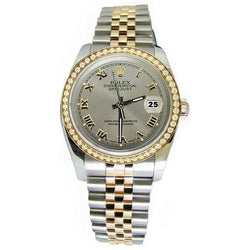 Rolex Diamond Bezel Datejust Watch Gray Roman Dial Two Tone QUICK SET